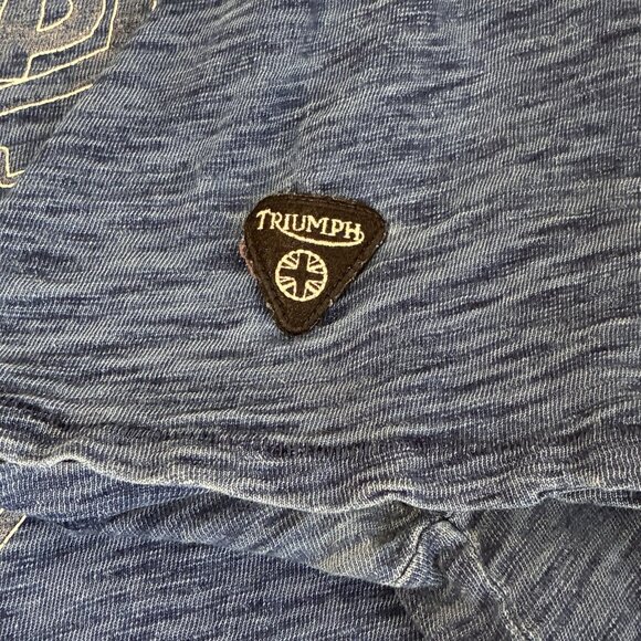 Triumph Lucky Brand Mens XL Shirt Short Sleeve Blue Burnout Graphic Logo Patch - Picture 6 of 9